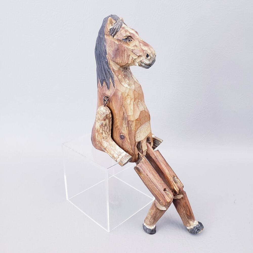 Vintage Folk Art Wooden Carved Horse Articulated Jointed Shelf Sitter